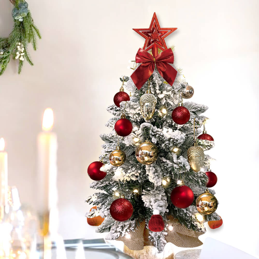 2Ft Mini Christmas Tree with Light Artificial Small Tabletop Christmas Decoration with Flocked Snow, Exquisite Decor & Xmas Ornaments for Table Top for Home & Office